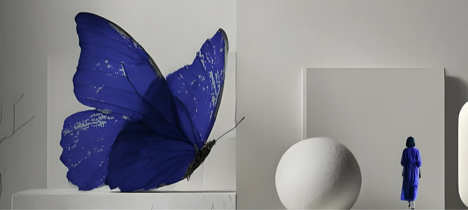 Un papillon bleu dans un intérieur clair et épuré.