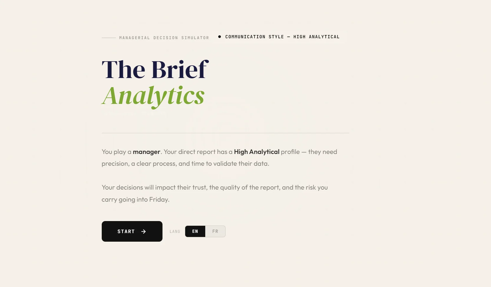 The Brief Analytics — écran d'introduction et choix de langue
